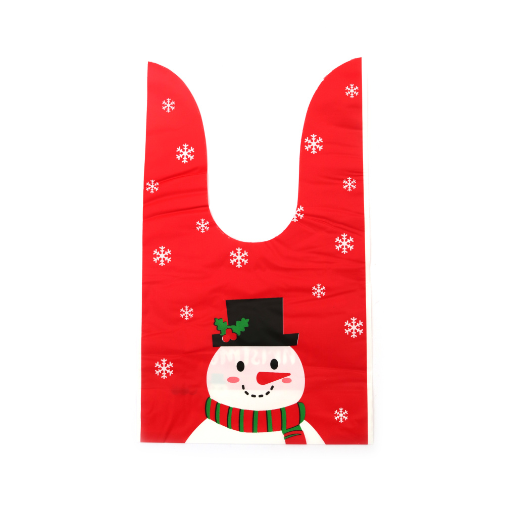 Pungi cadou de Crăciun cu mânere din material PE 14x23 cm culoare roșu zâmbitor om de zăpadă - 50 bucăți