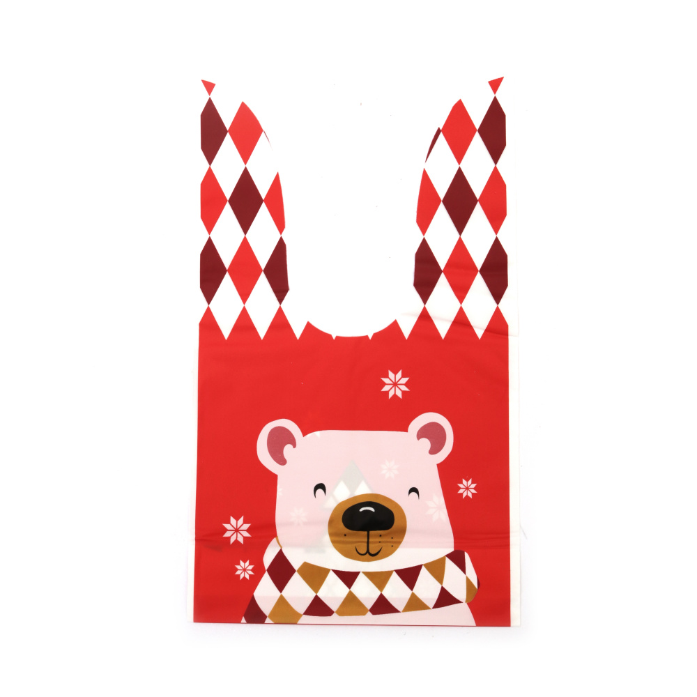 Pungi cadou de Crăciun cu mânere din material PE 14x23 cm culoare roșu alb ursuleț cu eșarfă - 50 bucăți