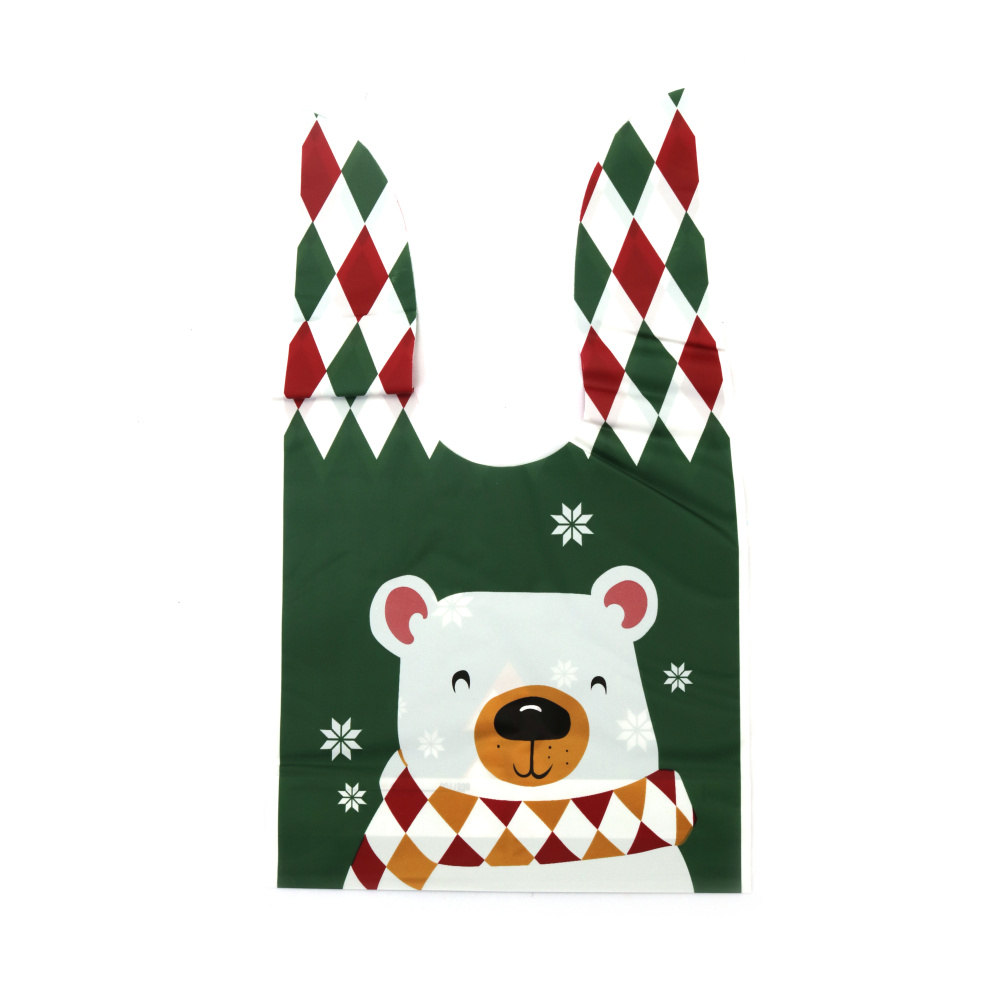 Pungi cadou de Crăciun cu mânere din material PE 14x23 cm culoare verde alb ursuleț cu eșarfă - 50 bucăți