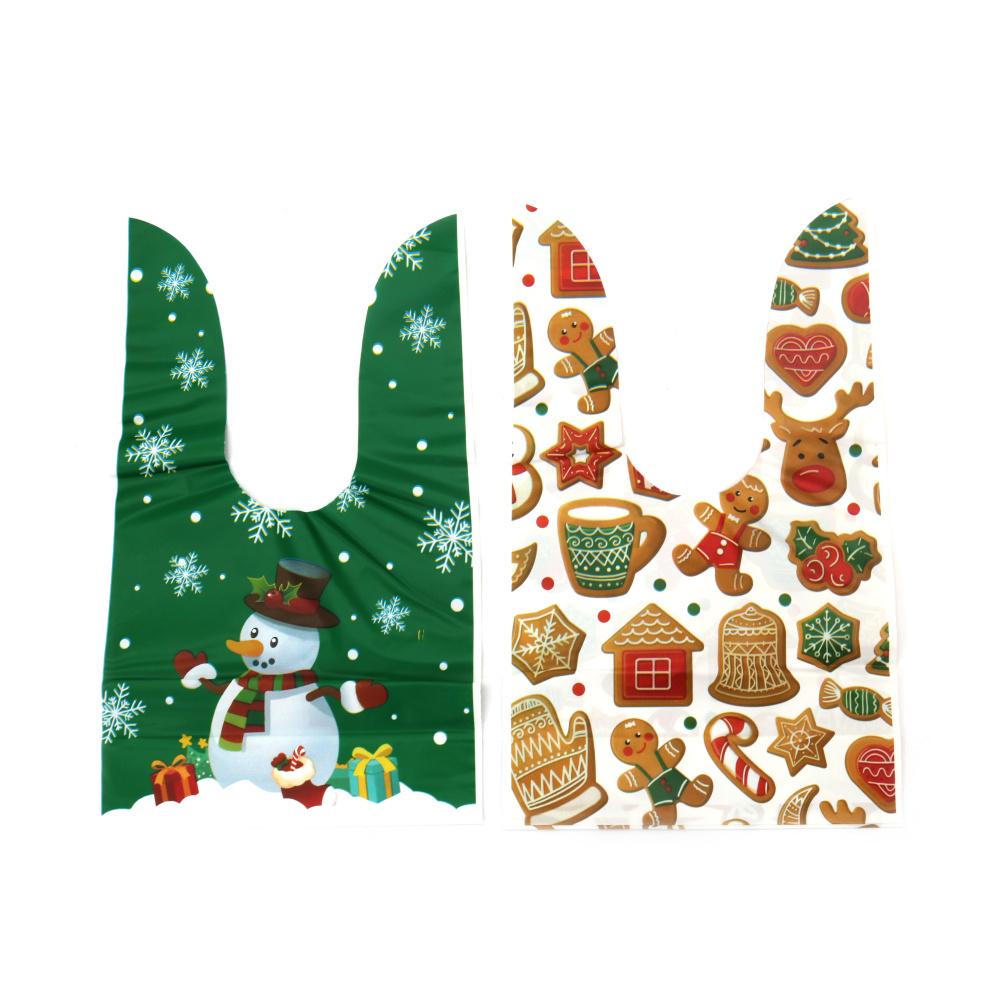 Pungi cadou de Crăciun cu mânere din material PE 14x23 cm MIX 5 modele cu atmosferă de Crăciun - 50 bucăți