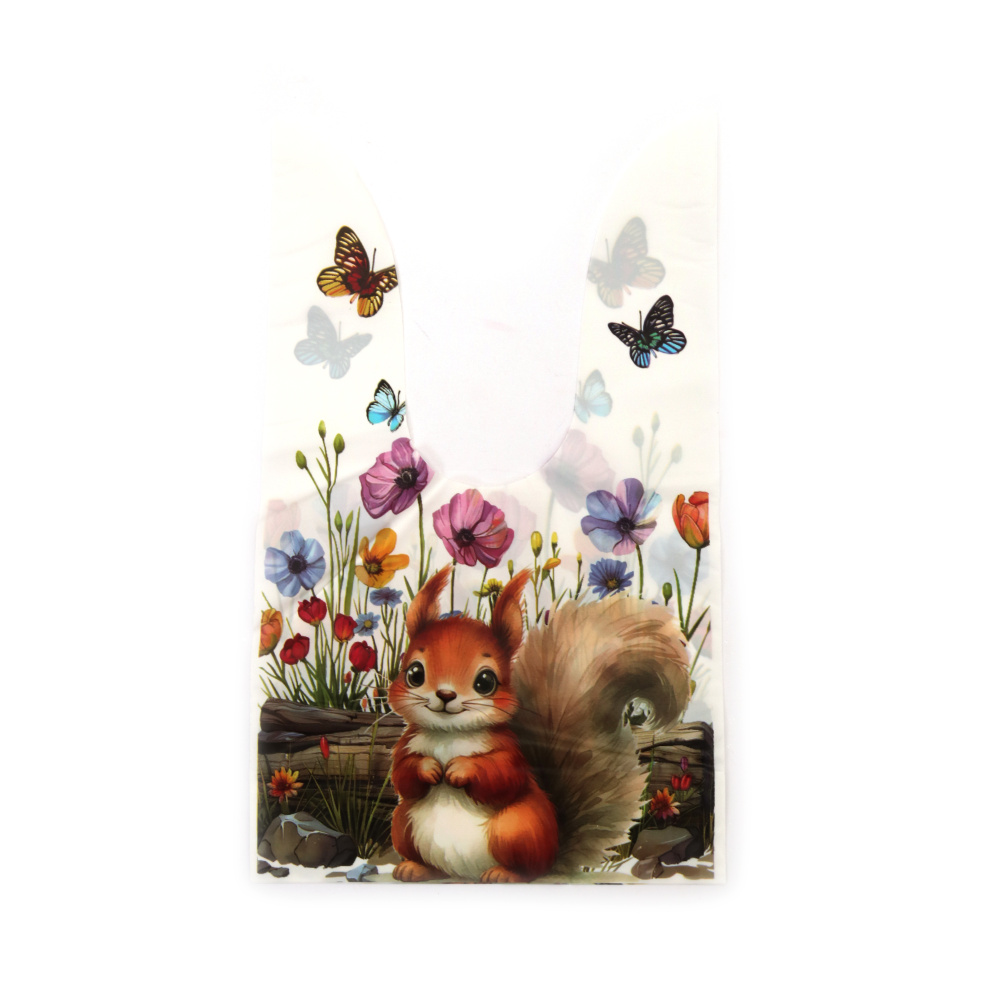 Pungi cadou cu mânere din material PE 14x23 cm, culoare albă cu o veveriță drăguță - 50 bucăți
