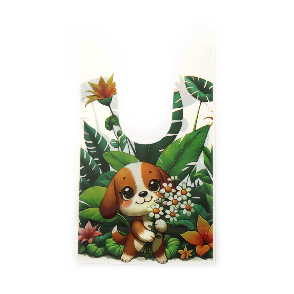 Pungi cadou cu mânere din material PE 14x23 cm culoare alb cățeluș cu buchet de flori - 50 bucăți