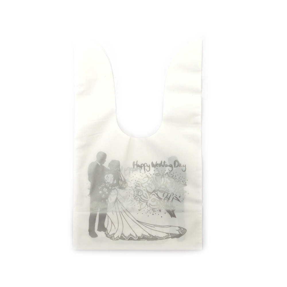 Pungi cadou cu mânere din material PE 10x17 cm cu mesajul „La mulți ani de la nuntă” - culoare alb, imprimare argintie - 50 bucăți