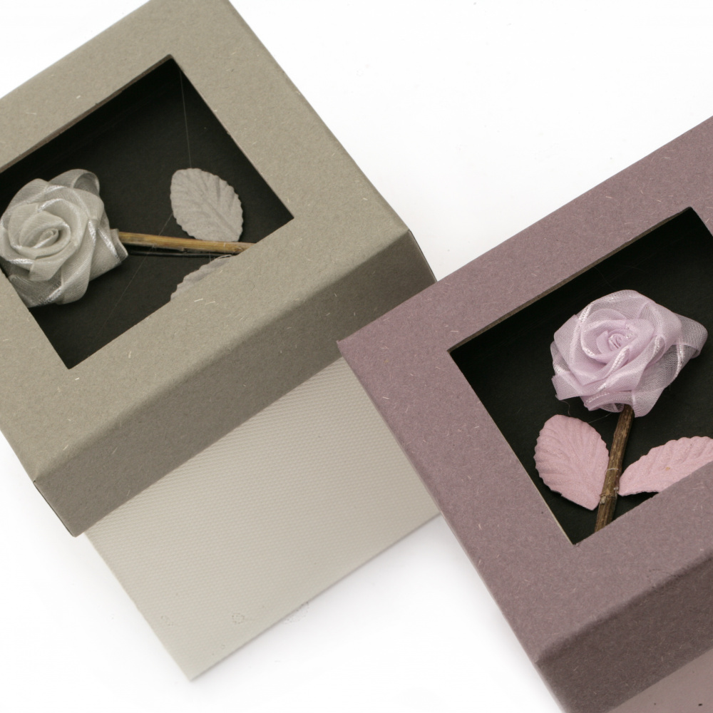 Cardboard Gift Box with Satin Rose / 115x115x130 mm /  ASSORTED
