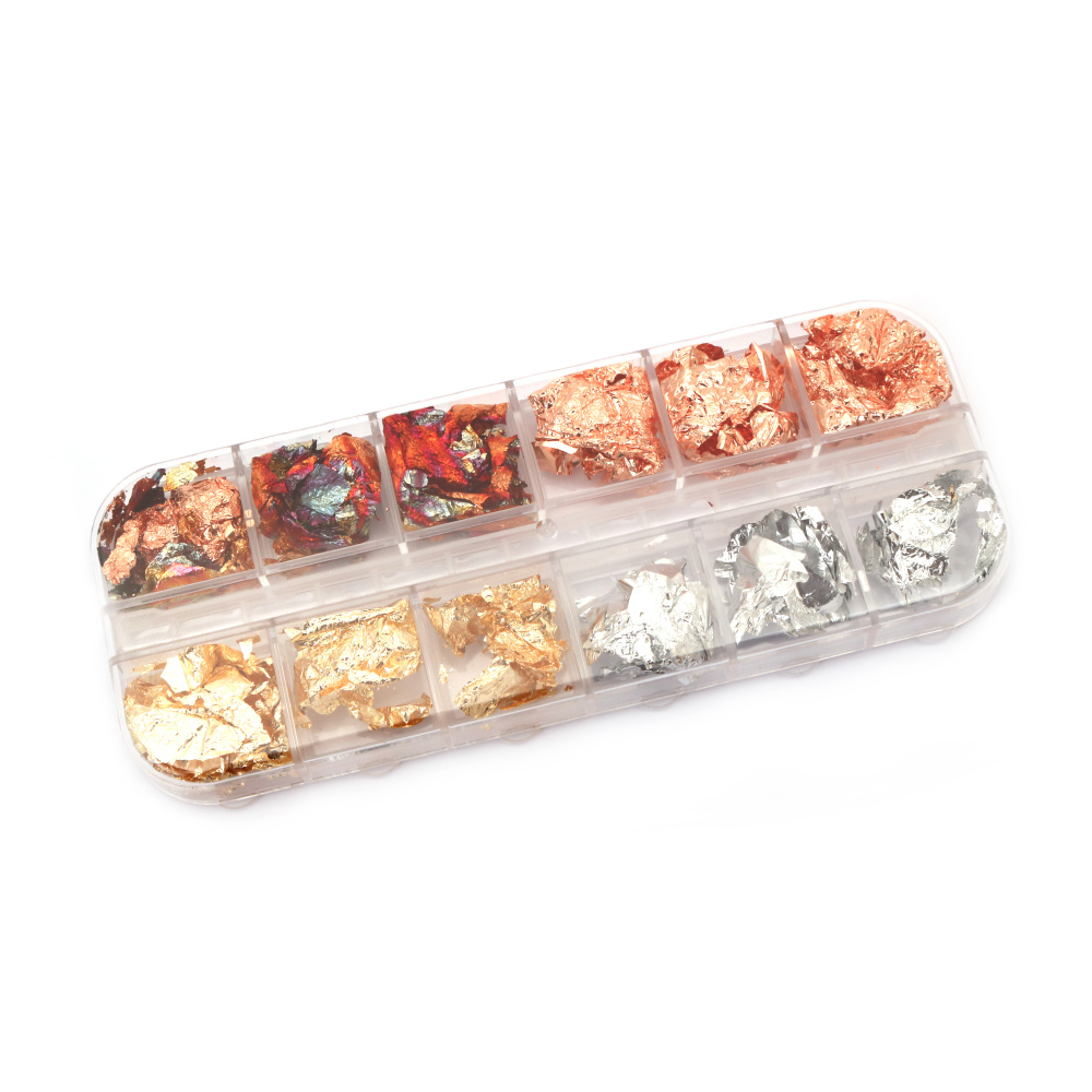 Foil Flakes for Manicure Decoration in a Box / Gold, Silver and Copper