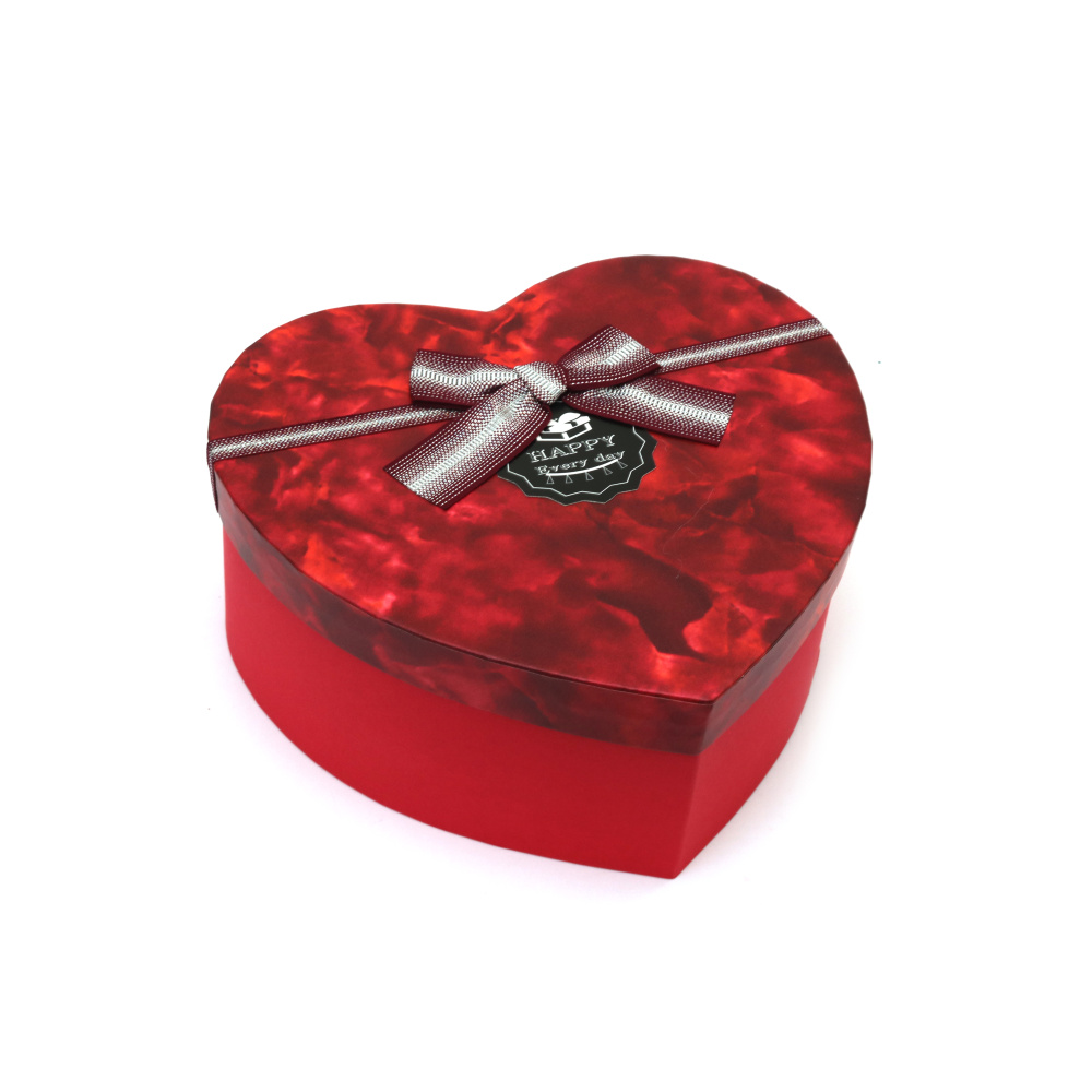 Cutie cadou inimă cu panglică 16x14x6 cm culoare roșu imitație marmură