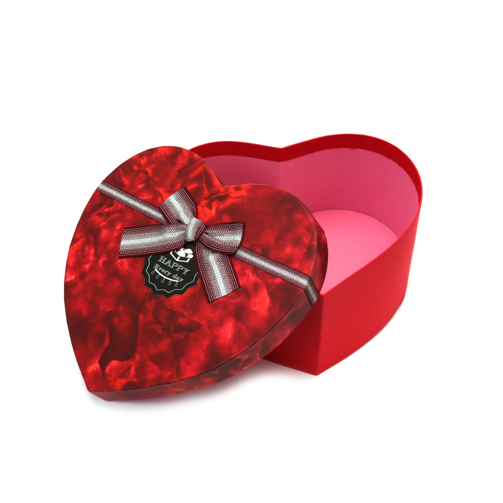 Cutie cadou inimă cu panglică 16x14x6 cm culoare roșu imitație marmură