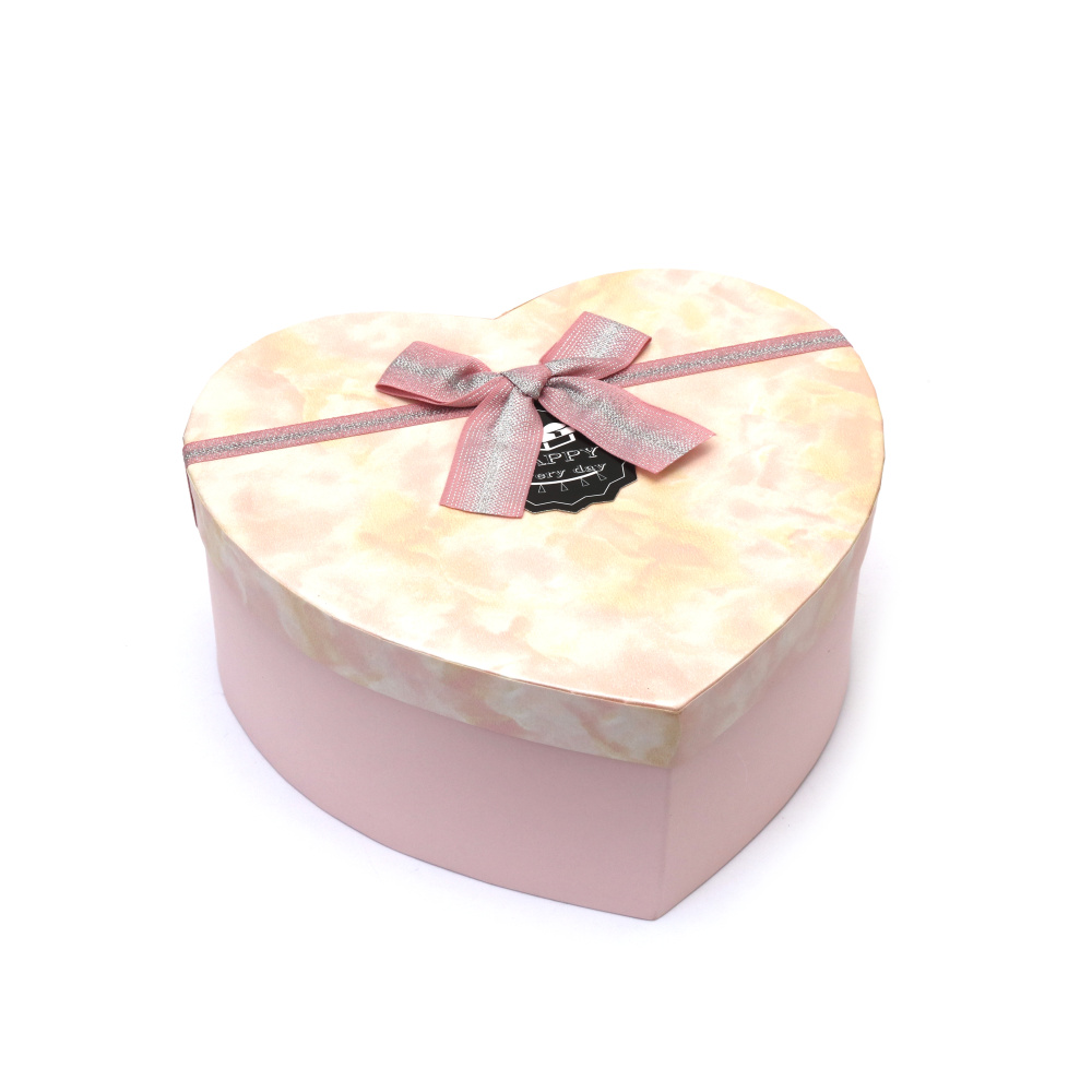 Cutie cadou inimă cu panglică 16x14x6 cm imitație de marmură roz