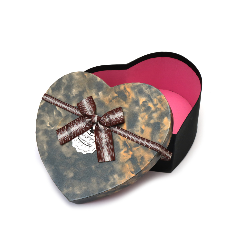 Heart-Shaped Gift Box with Ribbon  16x14x6 cm, Gray Color, Imitation Marble