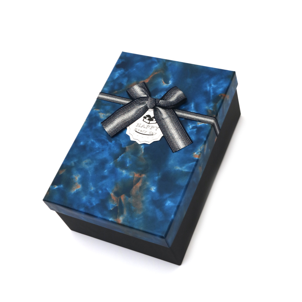 Cutie cadou cu panglică 21x14x8 cm neagră cu capac albastru imitație marmură