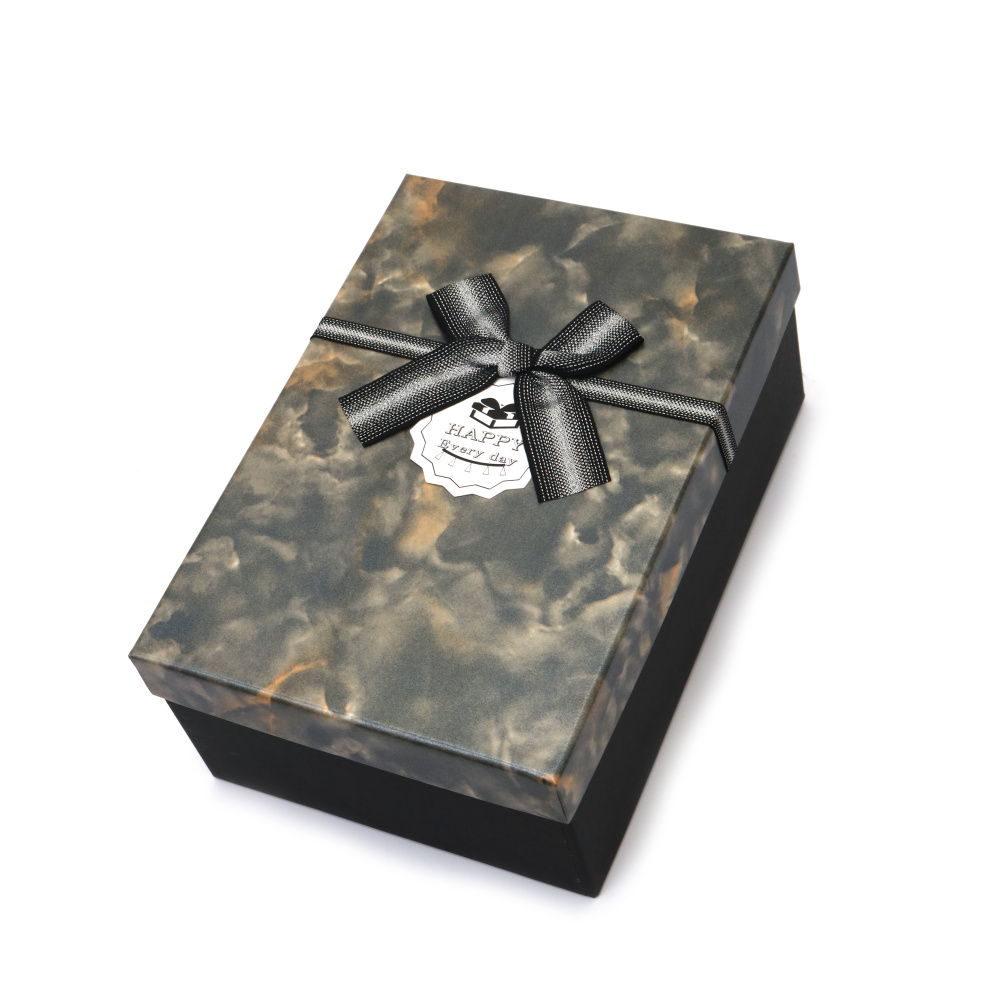 Cutie cadou cu panglică 21x14x8 cm, culoare neagră cu capac gri, imitație de marmură