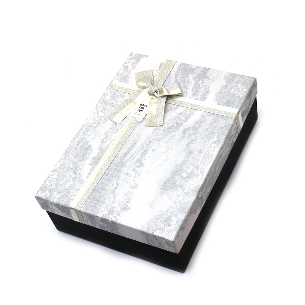 Cutie cadou cu panglică 26x19x8 cm neagră cu capac imitație marmură albă