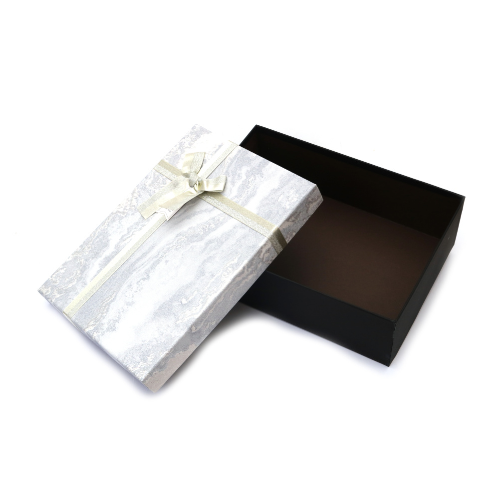 Cutie cadou cu panglică 26x19x8 cm neagră cu capac imitație marmură albă