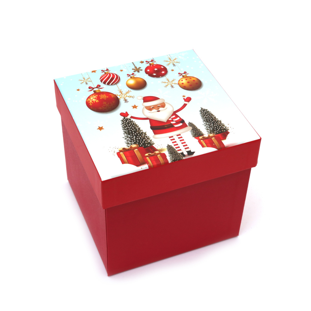Square Christmas Gift Box with Handles 13x13x12.8 cm, Red Color with Santa Claus and Christmas trees