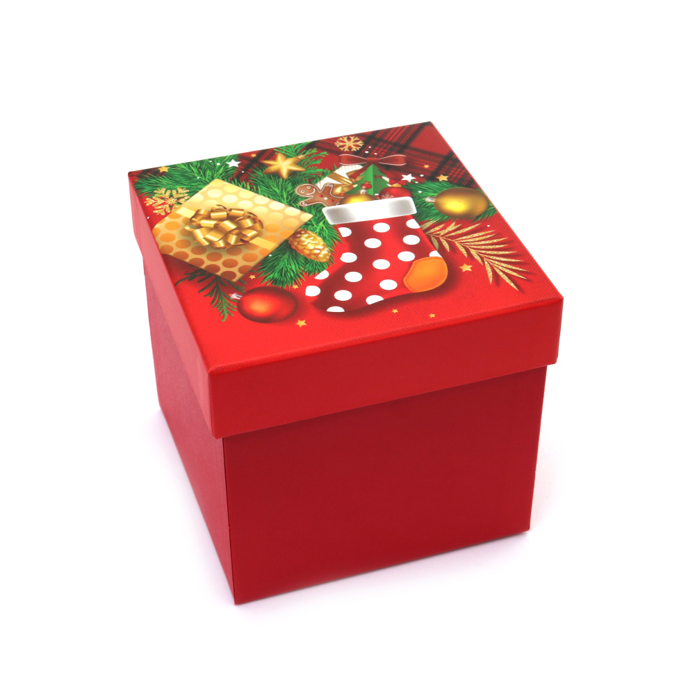Square Christmas Gift Box with Handles 13x13x12.8 cm, Red Color with Christmas Stocking
