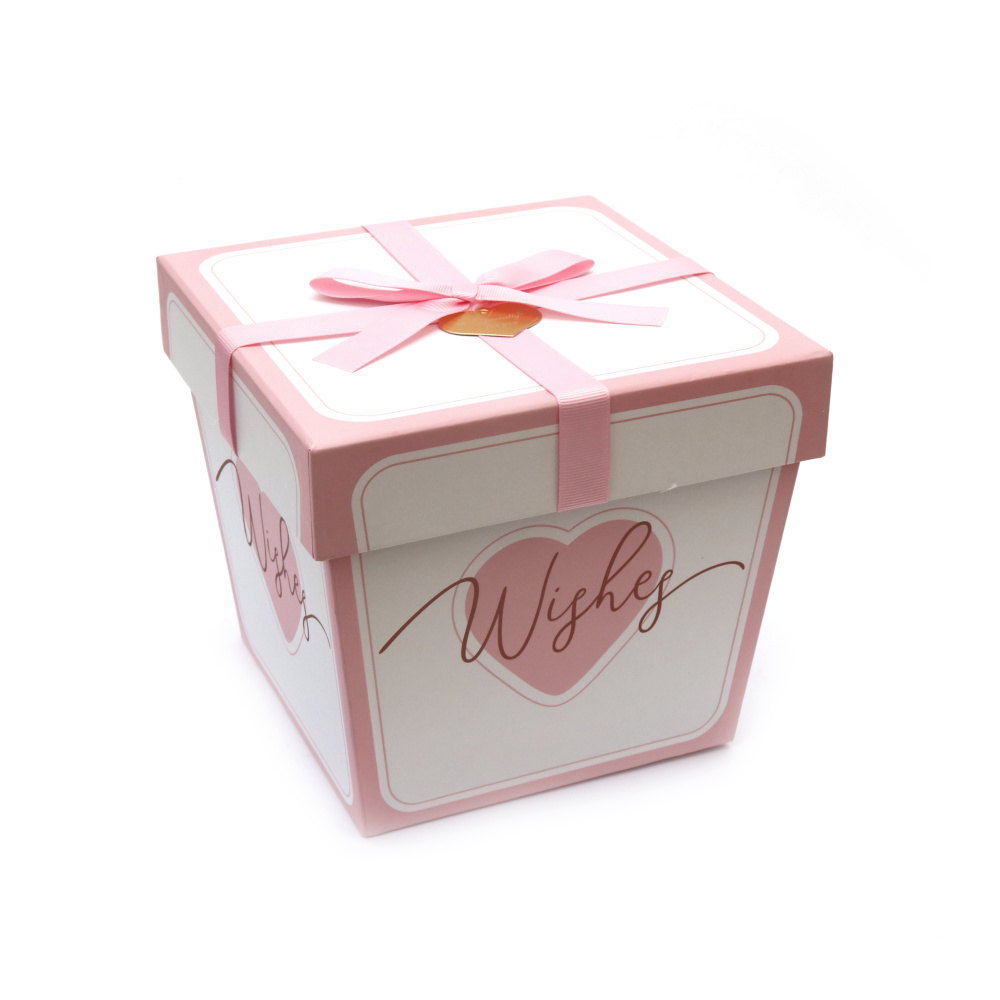Cardboard Gift Box with Ribbon /  16x12.5x15.3 cm / White and Pink