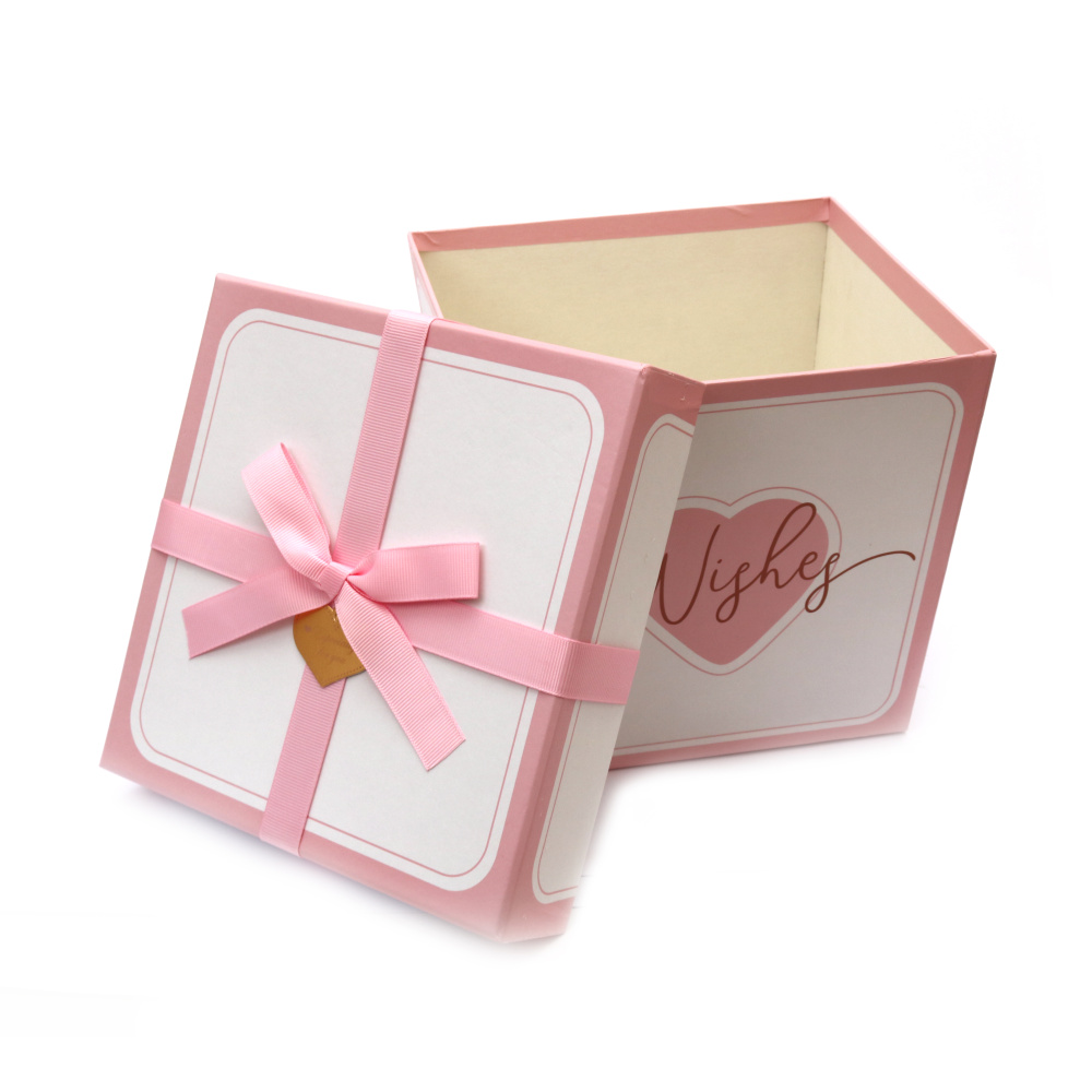 Cardboard Gift Box with Ribbon /  16x12.5x15.3 cm / White and Pink