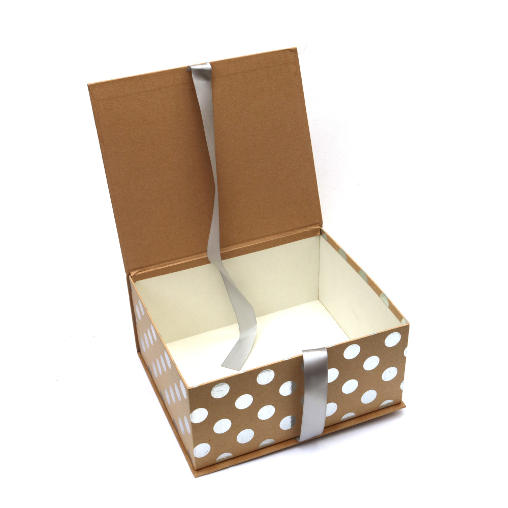 Cutie cadou kraft 24x20x10 cm cu panglică de satin și buline argintii