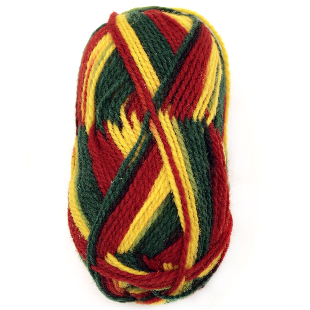 Yarn wool Ethno yellow, green, red  for handmade clothes and accessories100 grams -170 meters