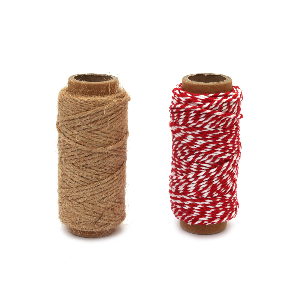 Set of Twisted Hemp Rope and Twisted White-Red Cotton Cord / 2 mm x 20 meters