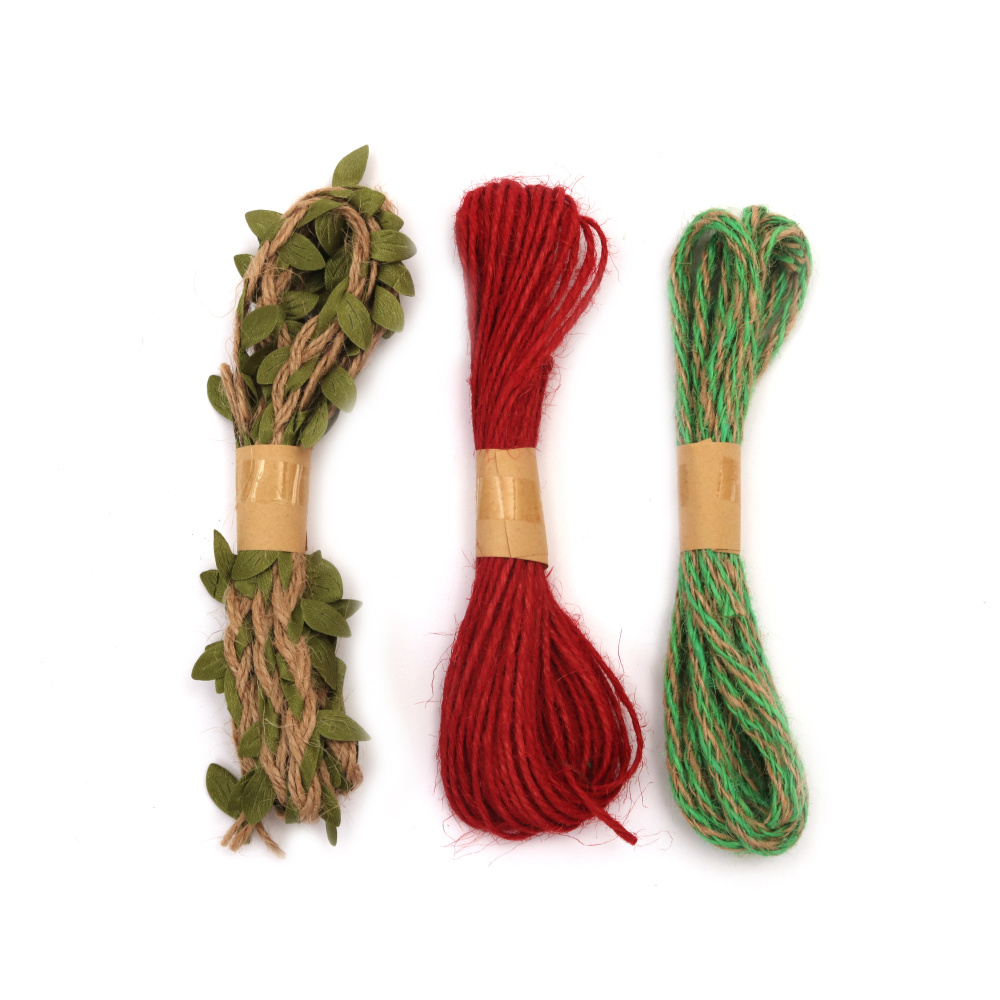 Set of 3 Types of Hemp Rope - Rope with Leaves: 2 meters /  Twisted: 4 mm, 3 meters; Braided: 8 mm, 2 meters