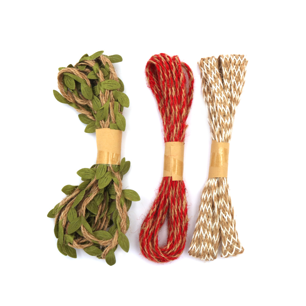 Set of 3 Types of Hemp Rope - Rope with Leaves: 2 meters /  Twisted: 4 mm, 3 meters; Braided: 8 mm, 2 meters