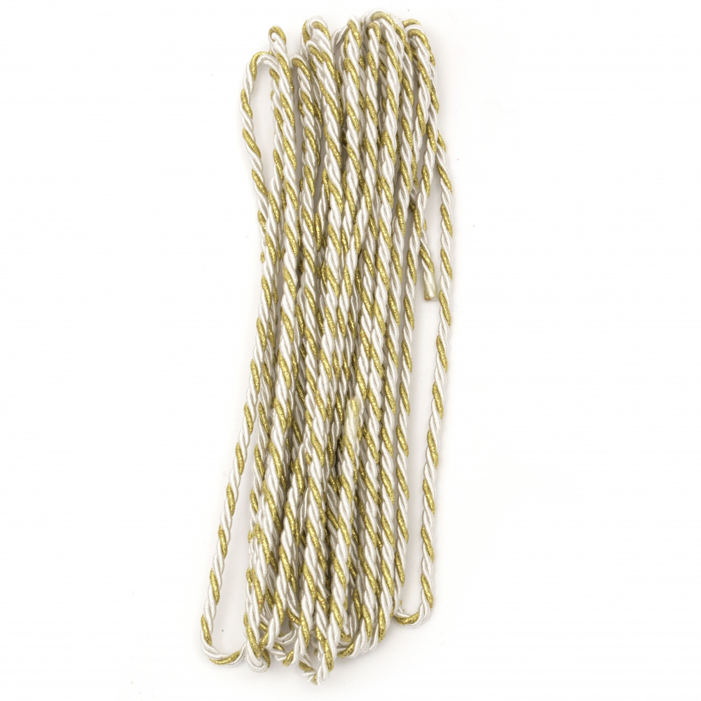 Cord polyester with lame 3 mm twisted color white and gold -5 meters