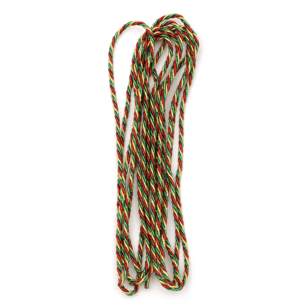 Polyester cord with lame 3 mm twisted  color green, red and gold -3 meters