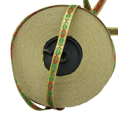 Decorated Fabric Ribbon / Width: 8 mm / Gold, Red and Green
