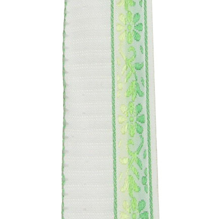 Embroidered Textile Ribbon / Width: 25 mm / White with Green Flowers