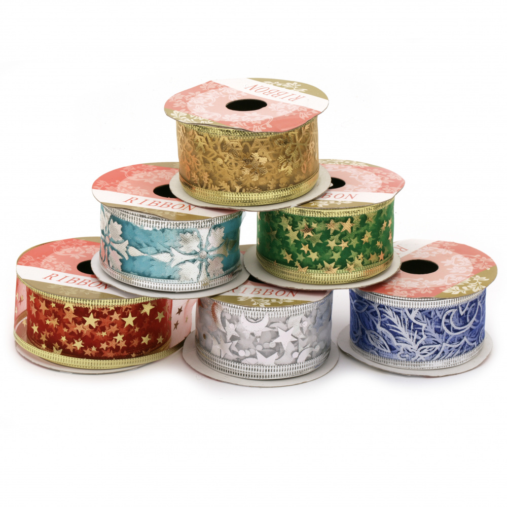 Decorative Christmas  Ribbon, Organza, Wired edge, Assorted patterns 38mm - 2.7 meters
