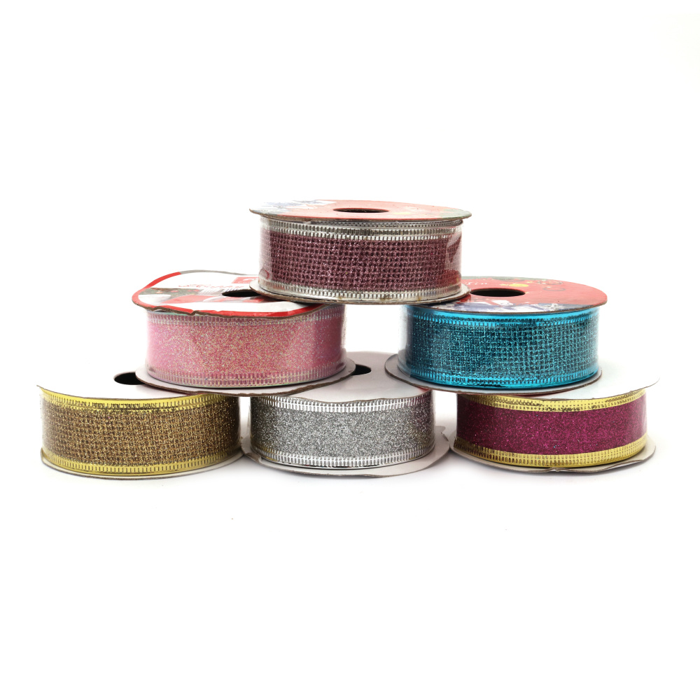 Decorative Christmas  Ribbon, Organza, Wired edge, Gold 25 mm - 1 meter