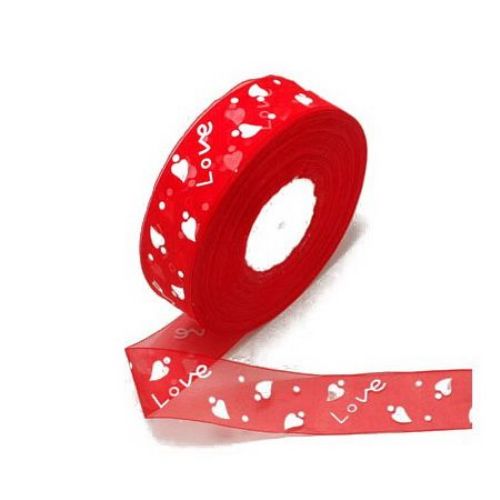 Organza ribbon 25 mm red with white print -5 meters