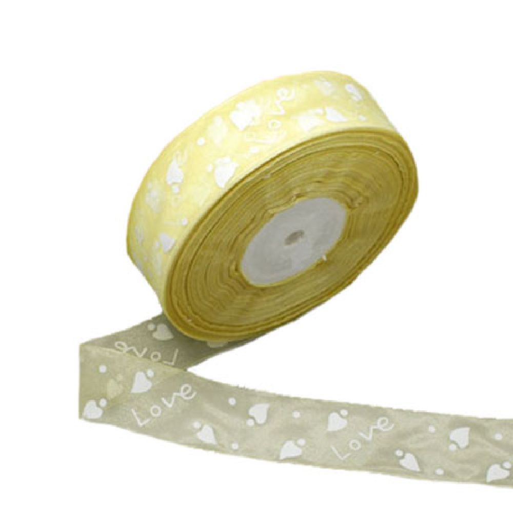 Organza ribbon 25 mm beige light with white print -5 meters