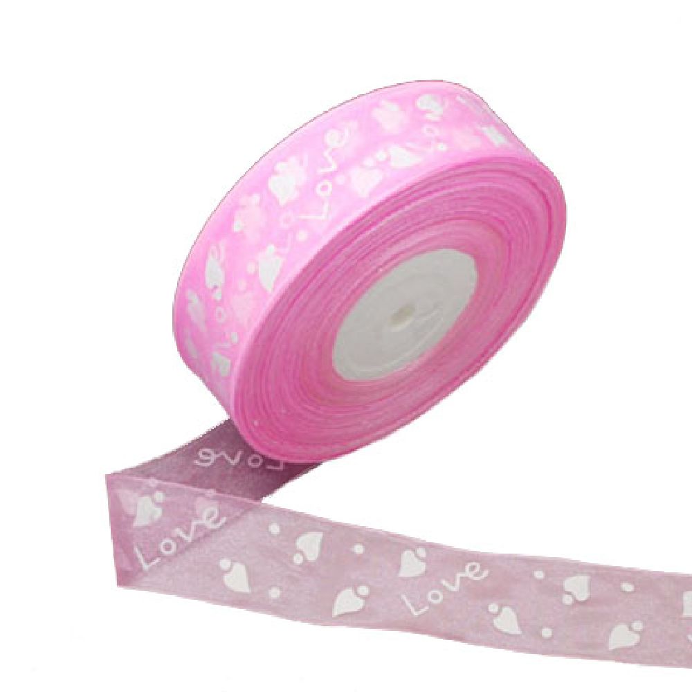 Organza ribbon 25 mm pink with white print -5 meters