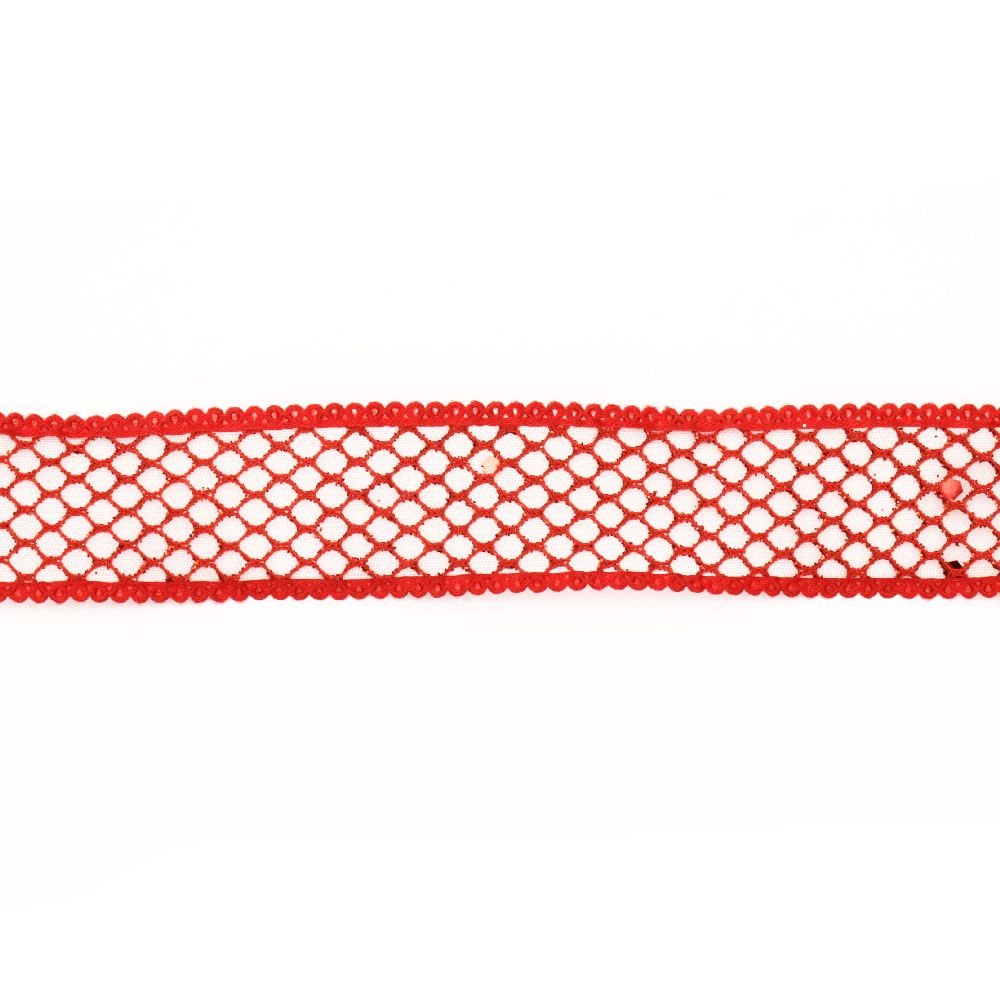 Лента органза 25 мм бяла с мрежа брокат червена -2 метра