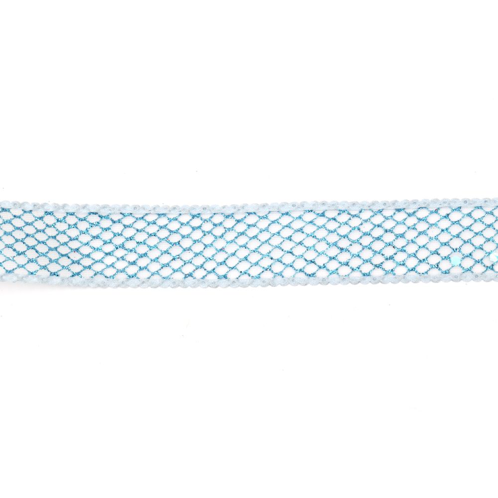 Panglică Organza de 25 mm albă cu plasă brocart albastru deschis -2 metri