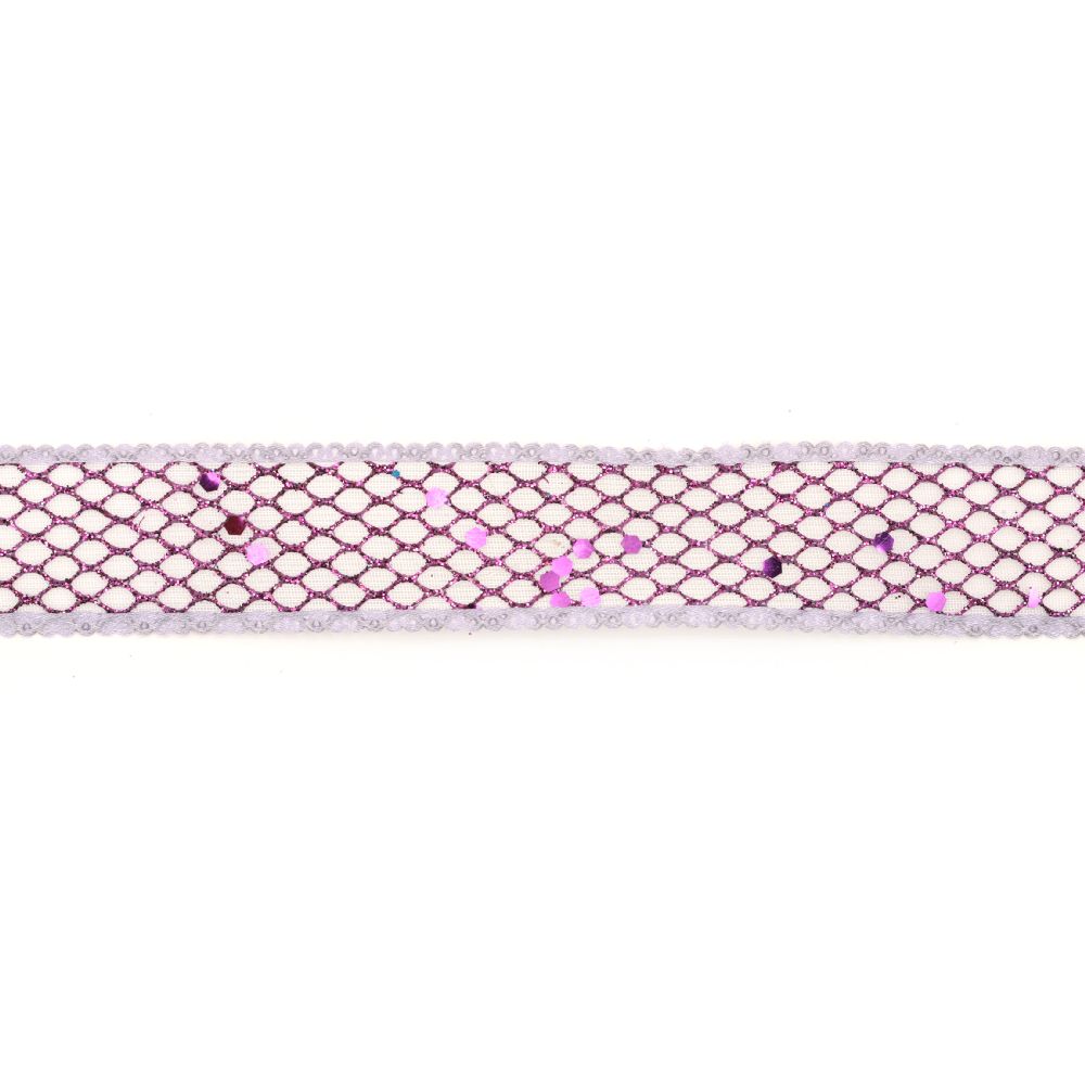 Panglică Organza 25 mm albă cu plasă brocart violet -2 metri