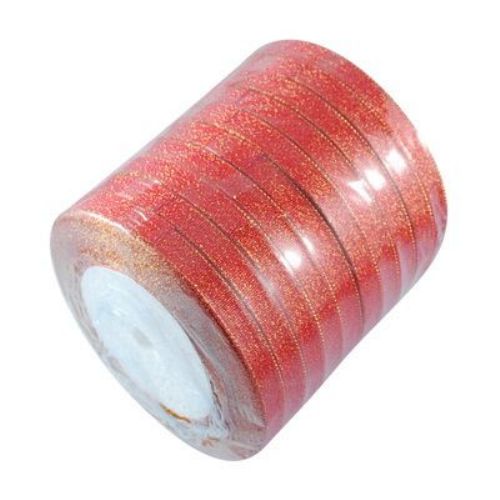 Organza ribbon 6 mm red with gold thread ~ 22 meters