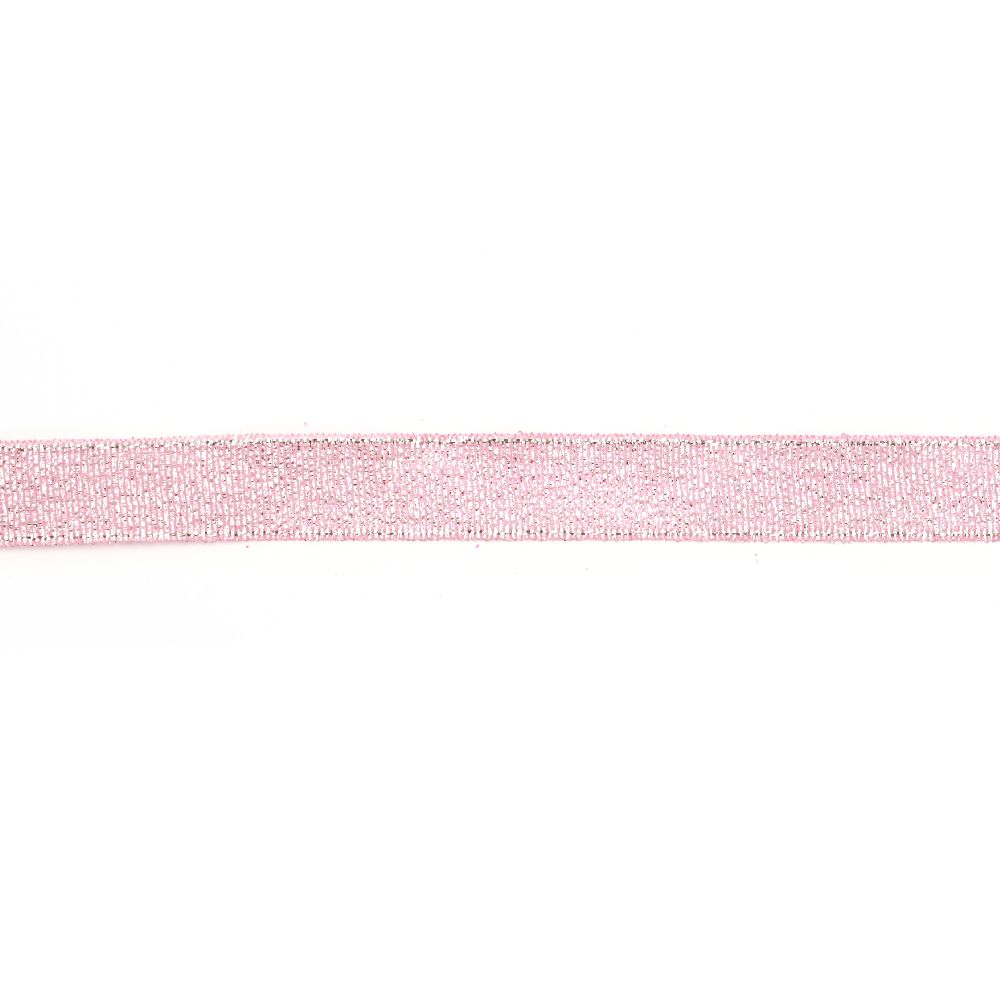 Лента органза 14 мм розова със сребърна нишка -22 метра