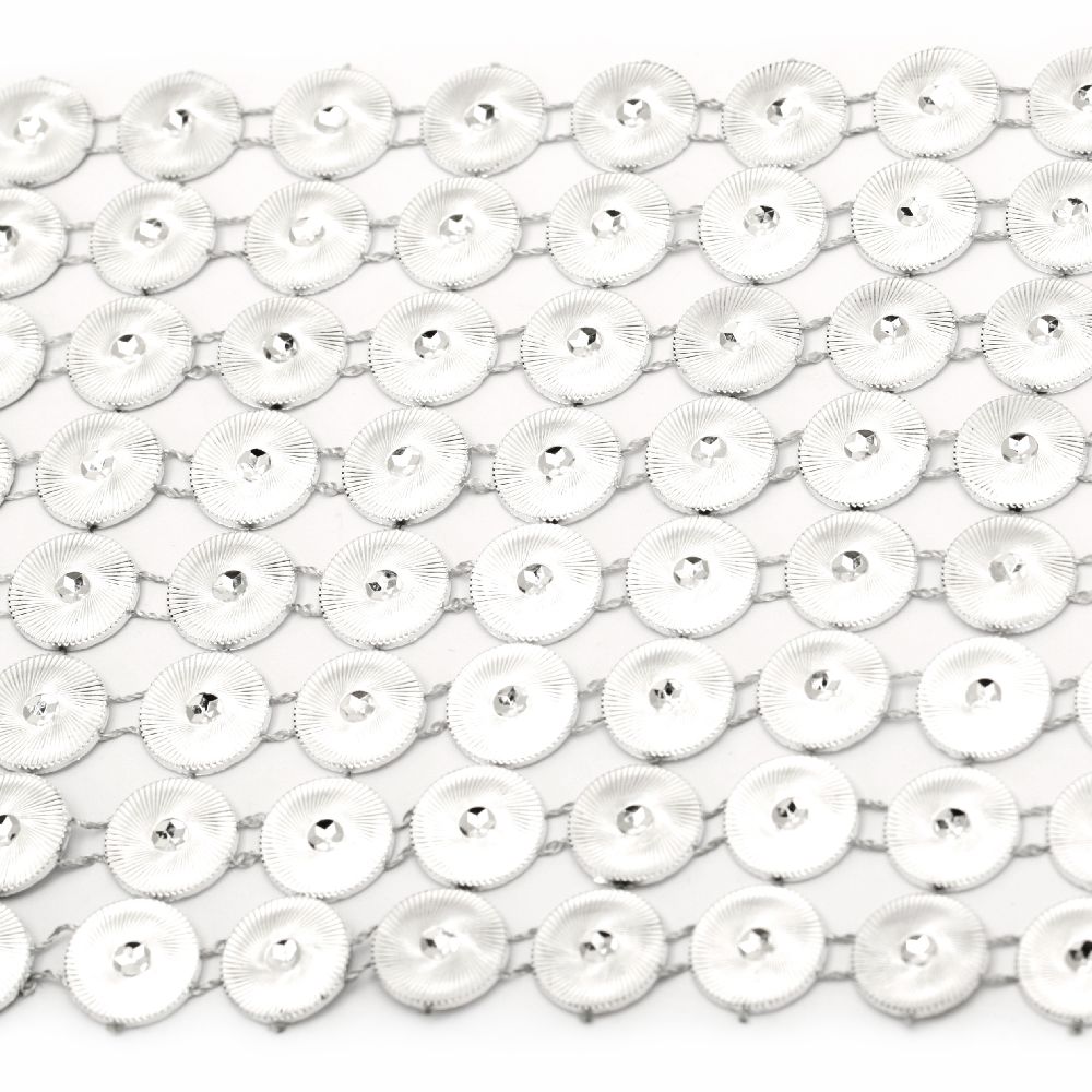 Лента 10.8 см мрежа кръгчета релефни цвят сребро -1 метър