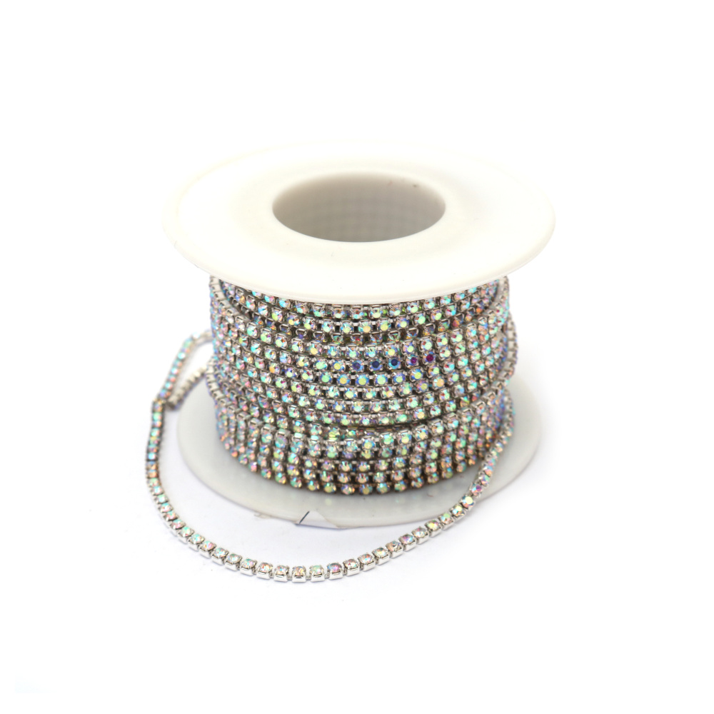 Metallic Ribbon, 2.3 mm, with Transparent Glass Crystal Rainbow SS6 - 9 meters