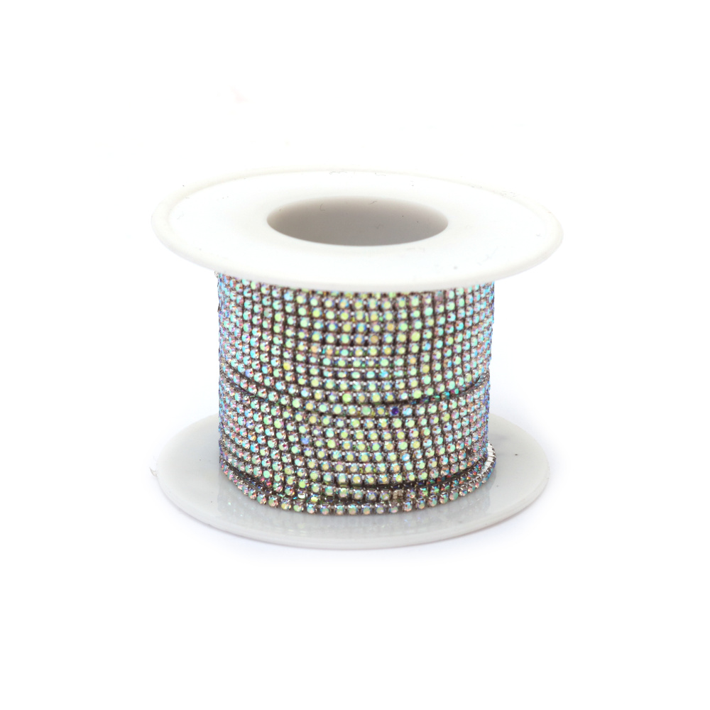 Metallic Ribbon, 1.7 mm, with Transparent Glass Crystal Rainbow SS4 - 9 meters