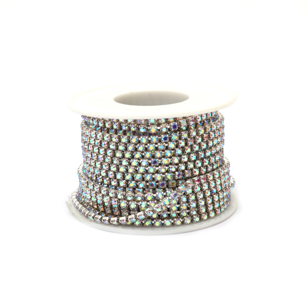 Metallic Ribbon, 2.7 mm, with Transparent Glass Crystal Rainbow SS10 - 9 meters