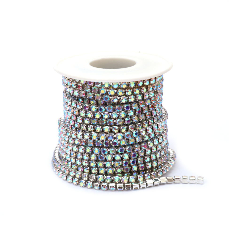 Metallic Ribbon, 3.4 mm, with Transparent Glass Crystal Rainbow SS14 - 9 meters