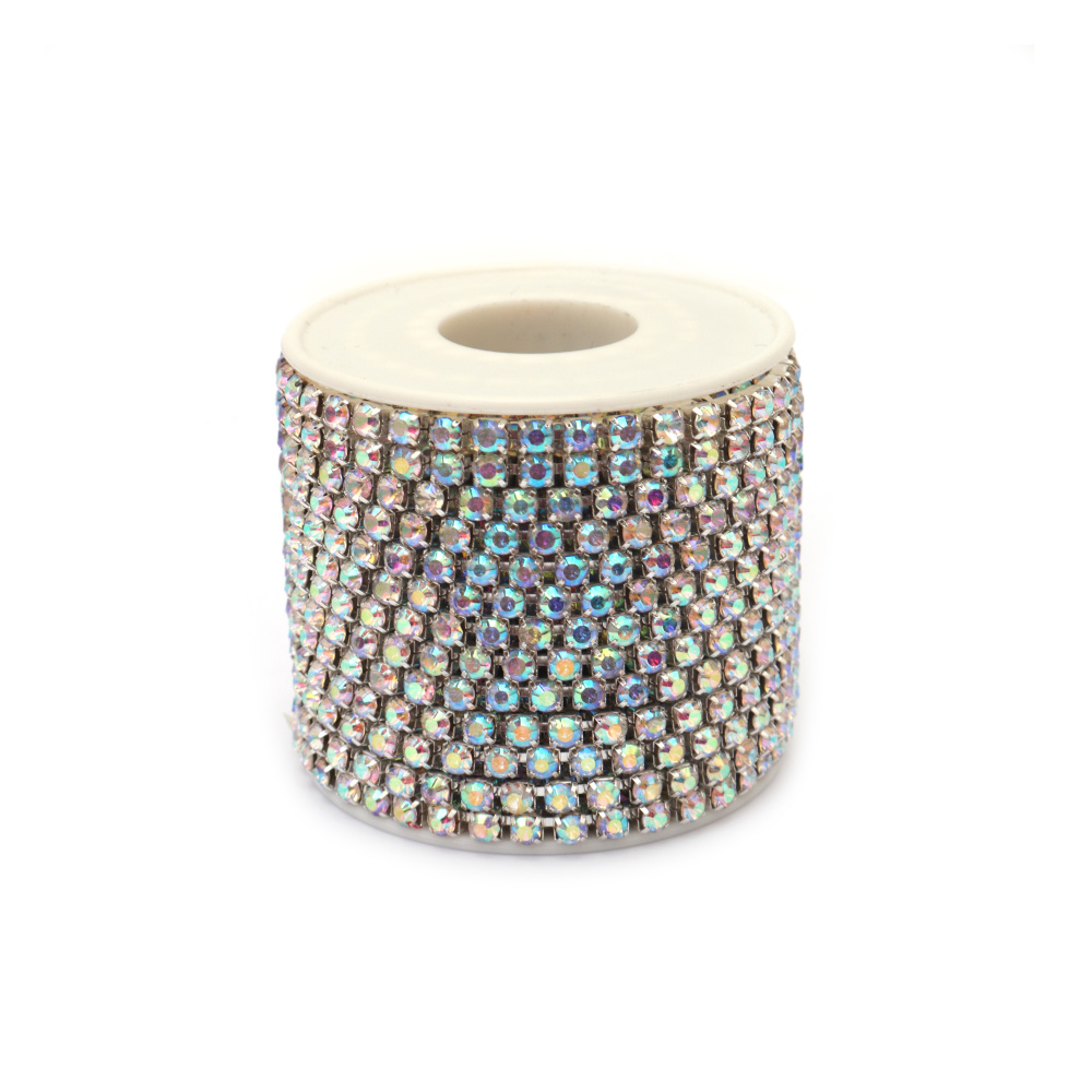 Metallic Ribbon, 4 mm, with Transparent Glass Crystal Rainbow SS18 - 9 meters