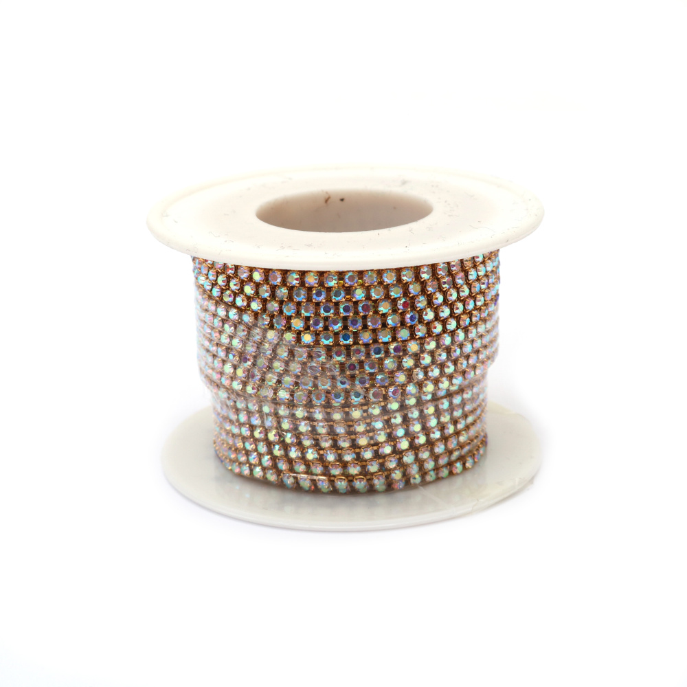 Metallic Ribbon, 2.3 mm, with Transparent Glass Crystal Gold Rainbow SS6 - 9 meters