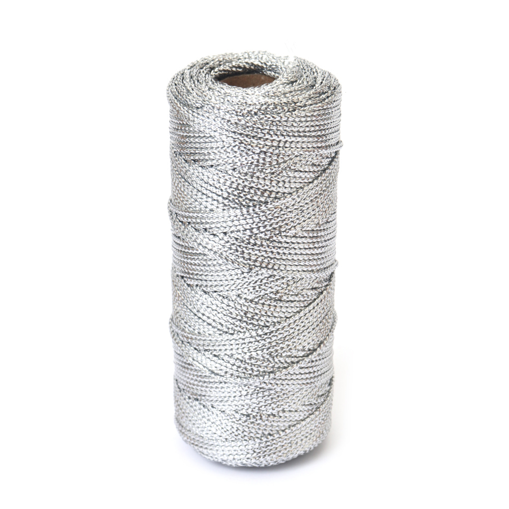 Shimmering Braided Lame Cord 2 mm – Silver Color – ~90 Meters for Creative and Decorative Projects