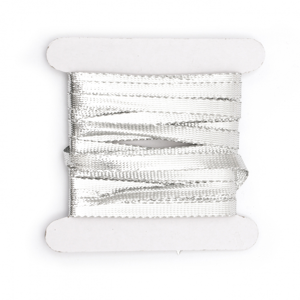 Braided Metallic Cord, Gift Wrap Craft String  8 mm flat silver -5 meters
