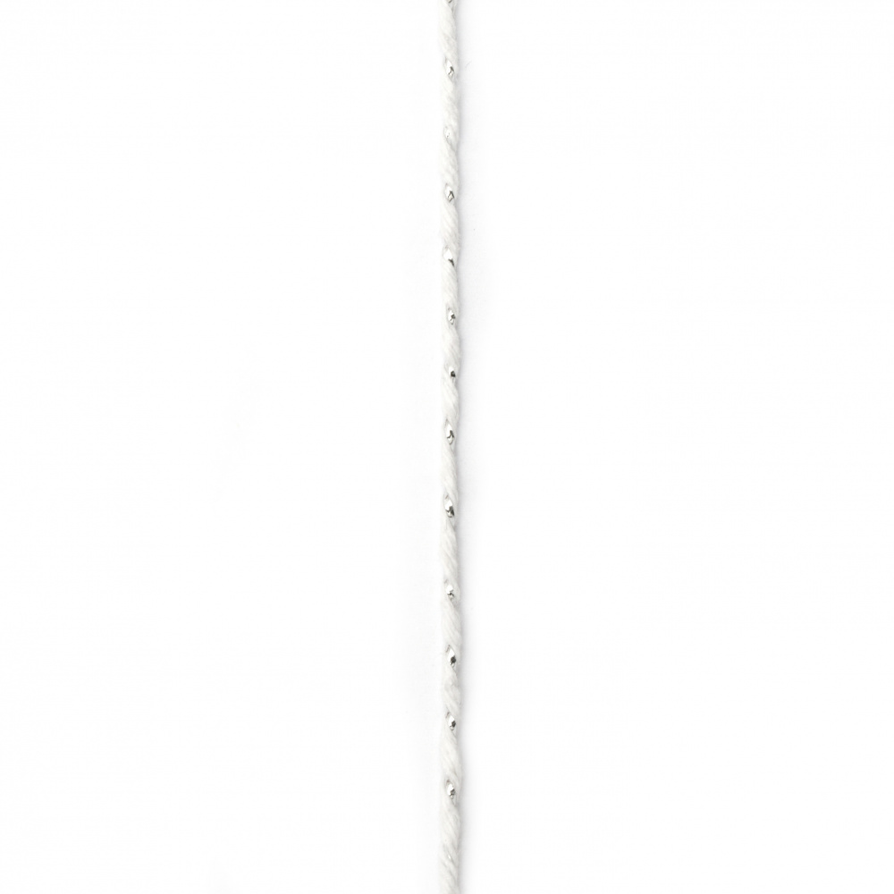 Cotton cord 1.5 mm white with silver llama ± 20 meters